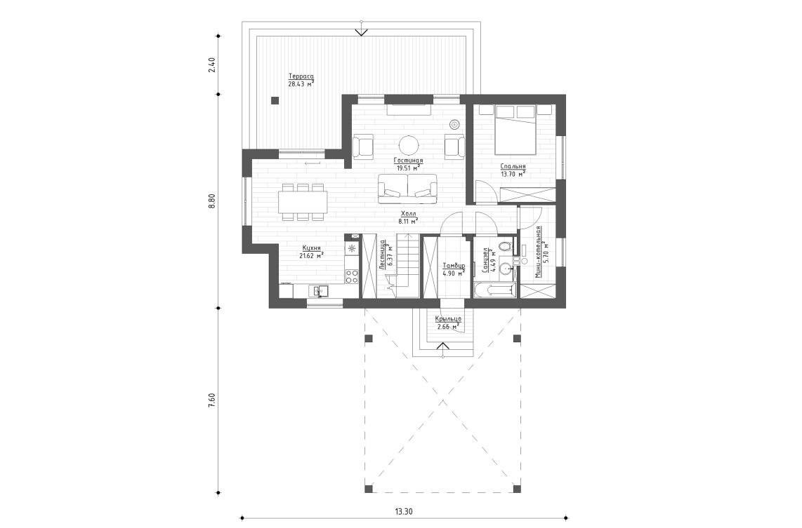 Планировочное решение 1-го этажа 140 м²