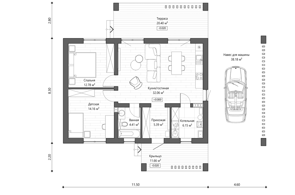 Решение с навесом 75 м²