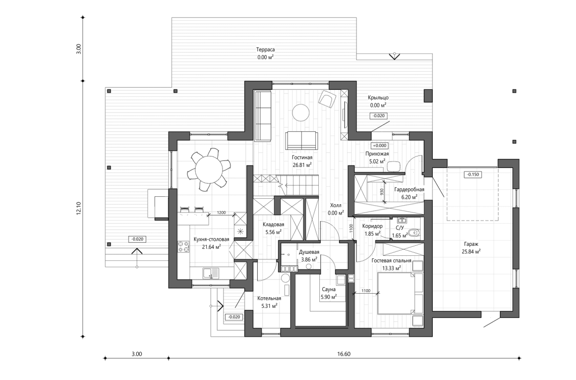 Планировочное решение 1-го этажа 222 м²