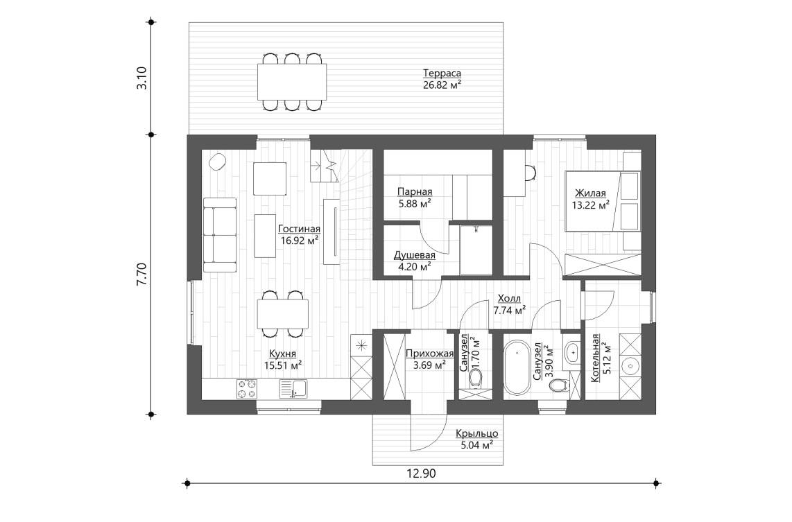 Планировочное решение 1-го этажа 141 м²