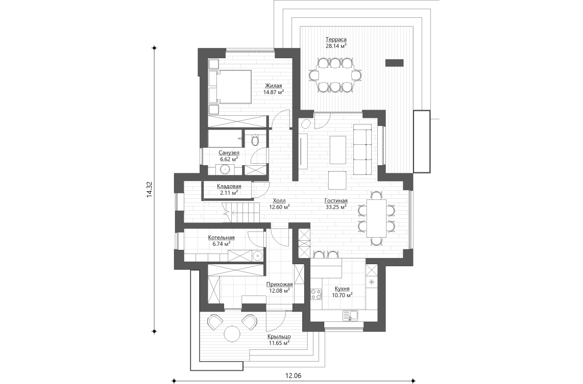Планировочное решение 1-го этажа 195 м²