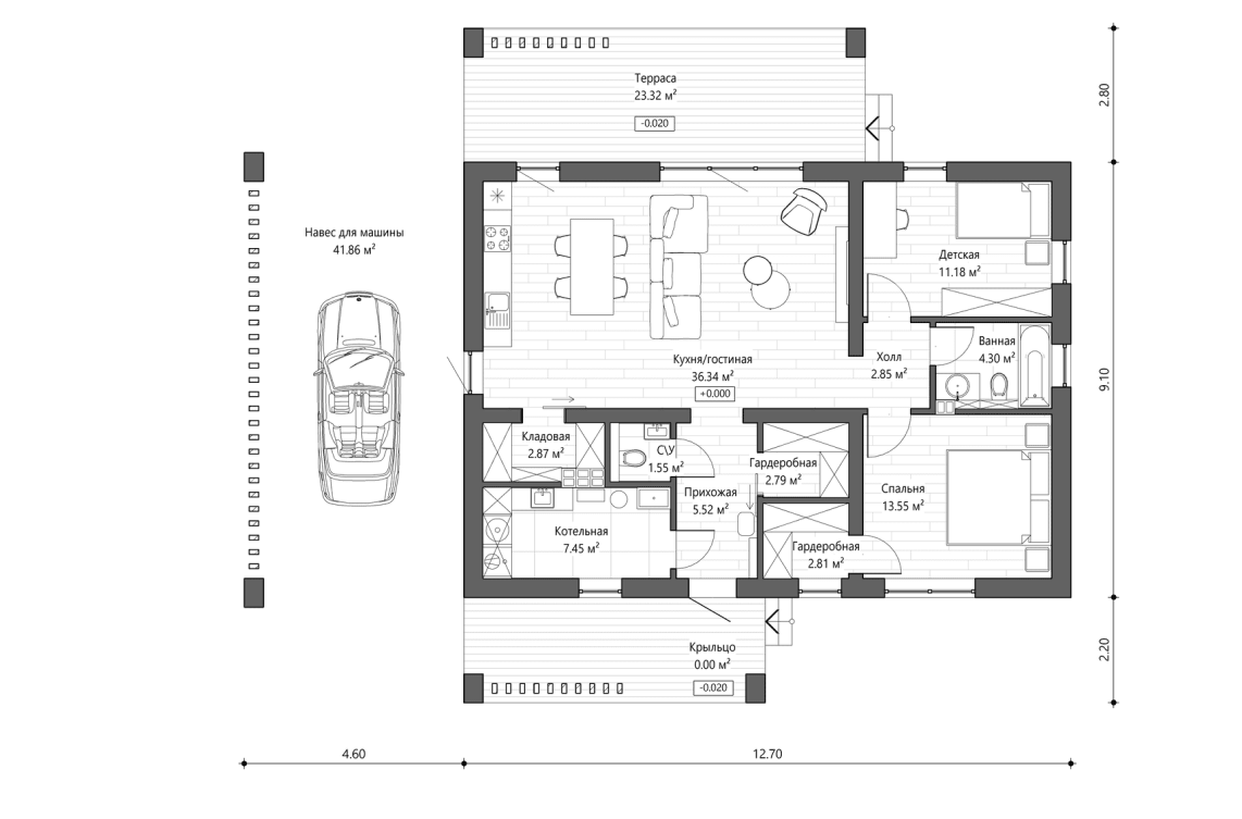 Решение с навесом 91 м²