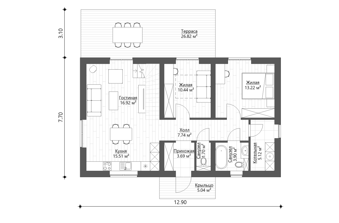 Планировочное решение 1-го этажа 142 м²