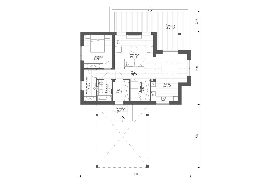 Планировочное решение 1-го этажа 140 м²