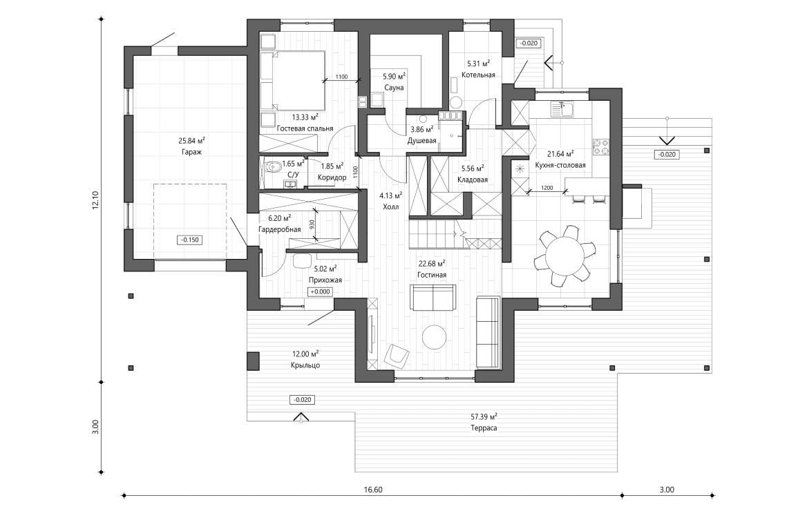 Планировочное решение 1-го этажа 222 м²