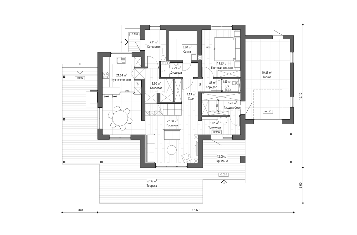 Планировочное решение 1-го этажа 222 м²