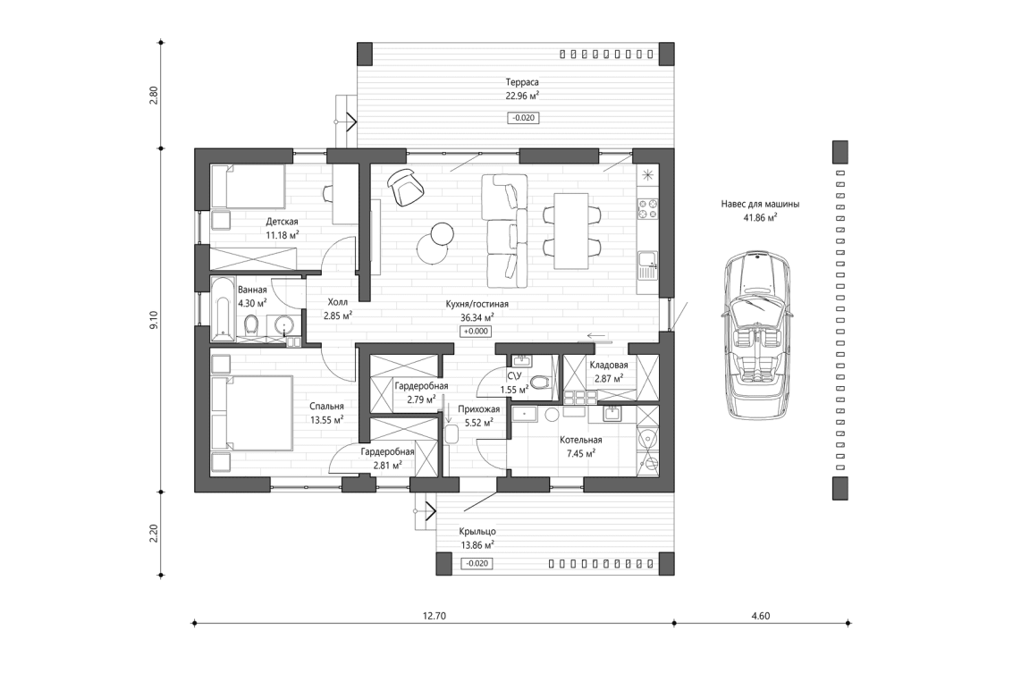Решение с навесом 91 м²
