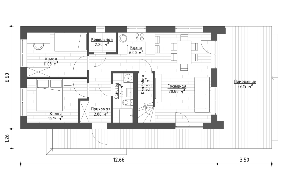 Планировочное решение 1-го этажа 106 м²