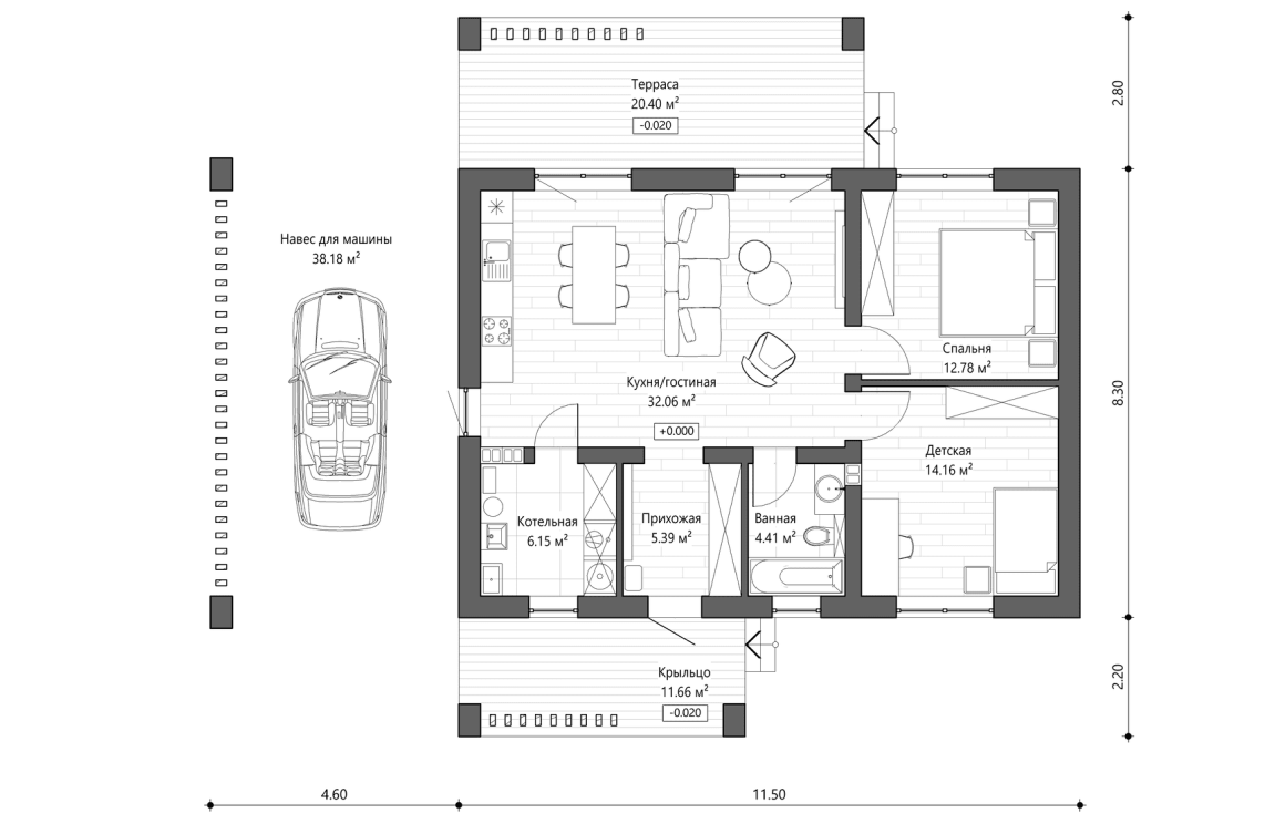 Решение с навесом 75 м²