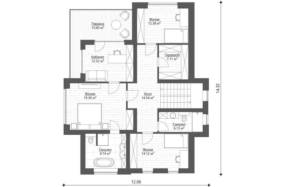Планировочное решение 2-го этажа 195 м²