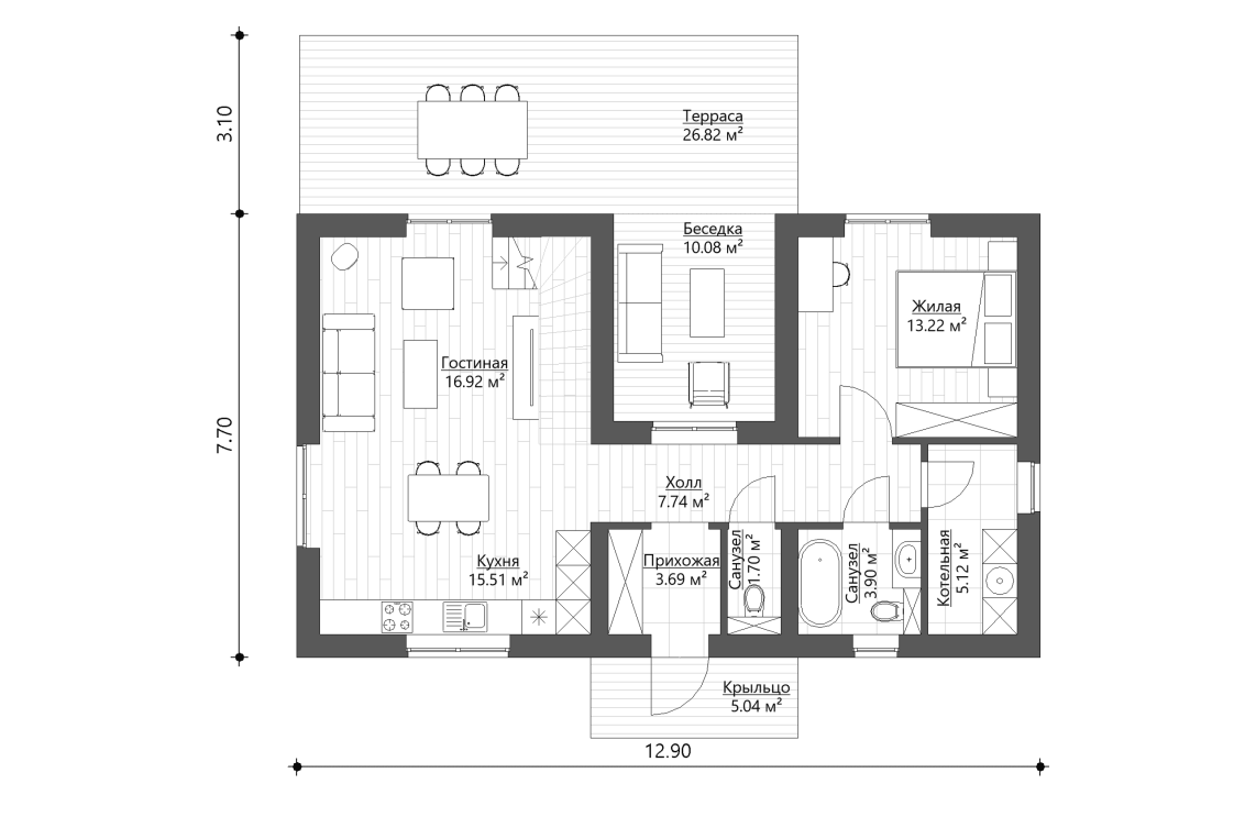 Планировочное решение 1-го этажа 119 м²