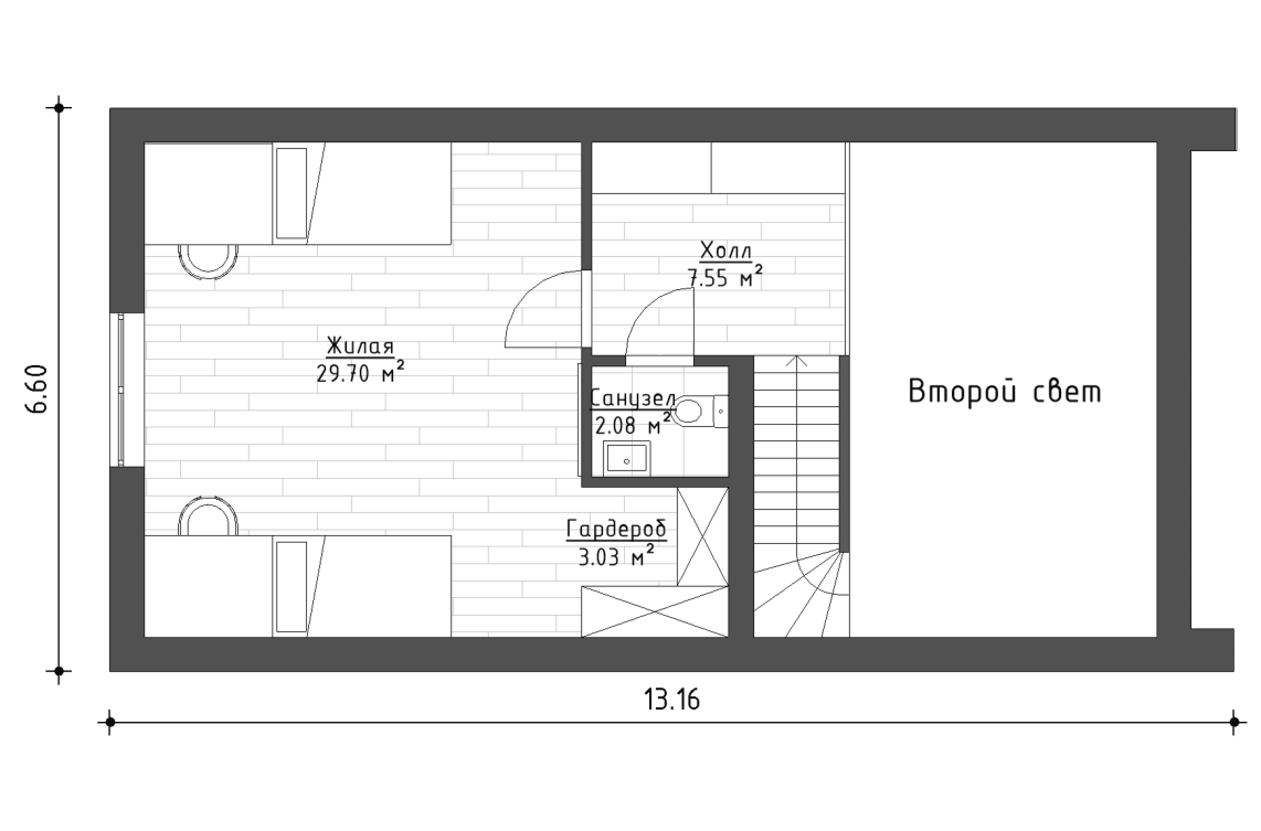 Планировочное решение 2-го этажа 106 м²
