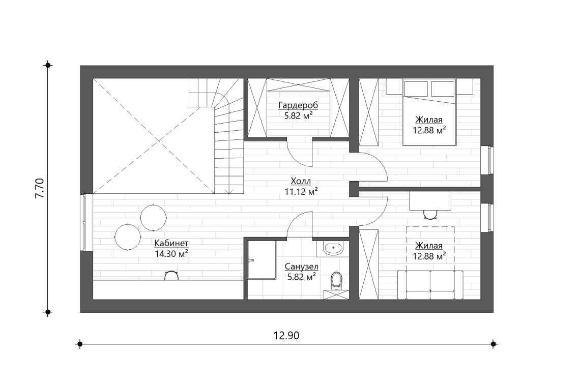 Планировочное решение 2-го этажа 141 м²