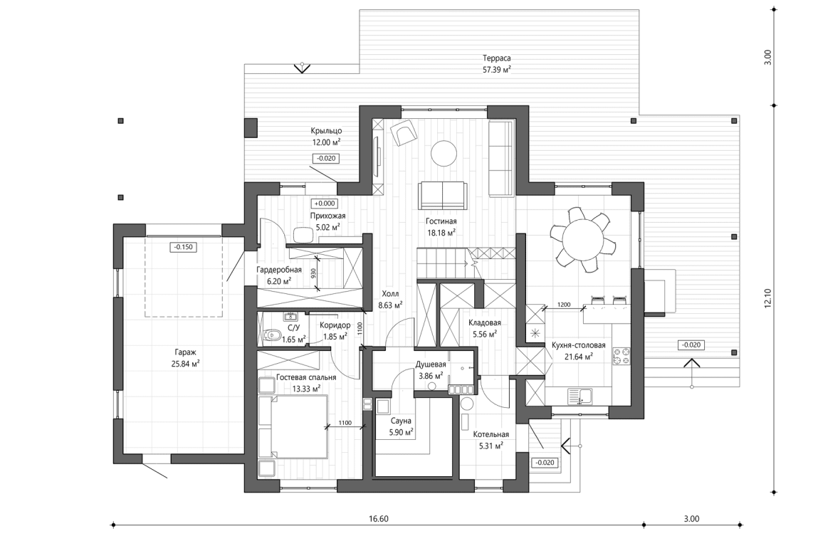 Планировочное решение 1-го этажа 222 м²