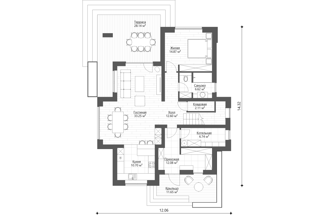 Планировочное решение 1-го этажа 195 м²