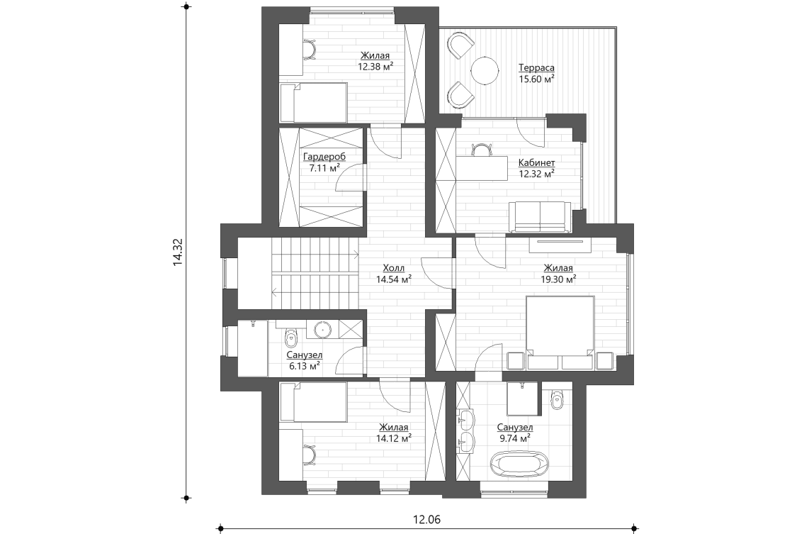Планировочное решение 2-го этажа 195 м²