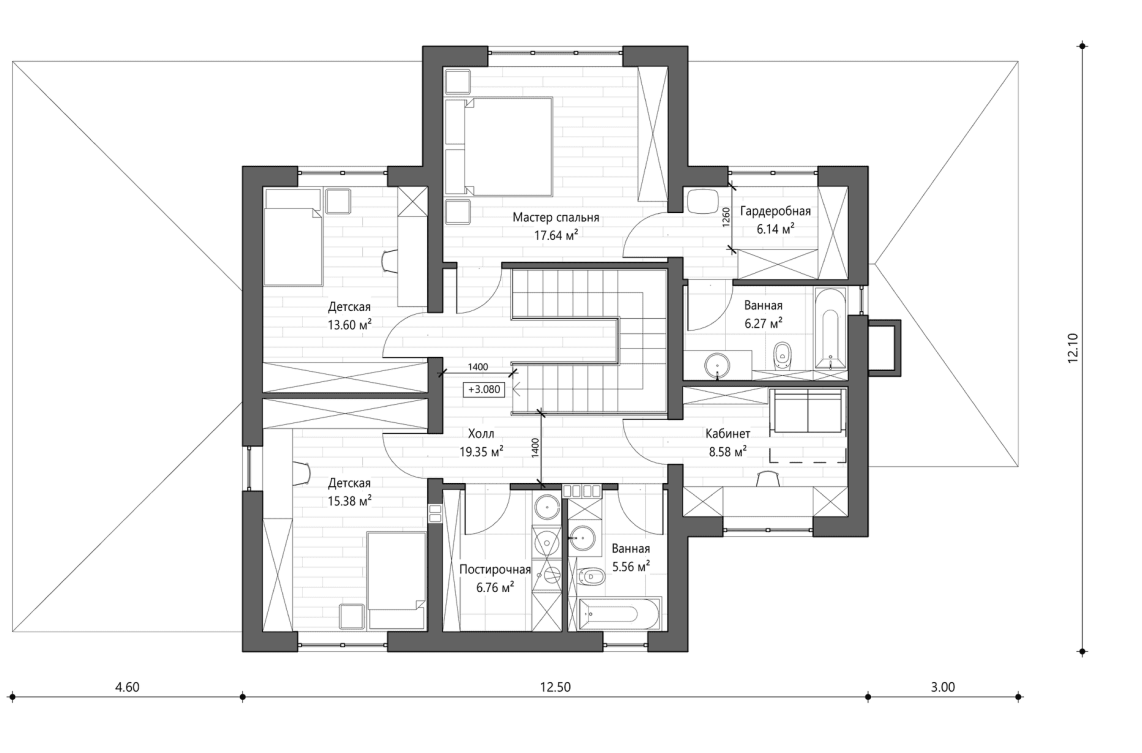 Планировочное решение 2-го этажа 222 м²